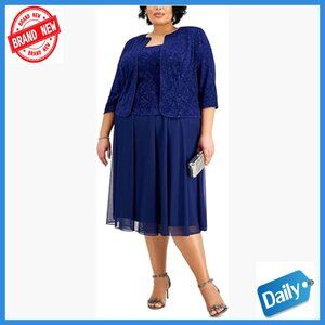 Plus Size Tea Length Formal Dress with Jacket, Glitter Knit, Wedding Guest